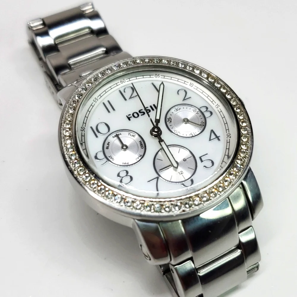 Fossil Watch ES2967 Silver Steel  Wristband Crystal Bezel Multifunction Watch